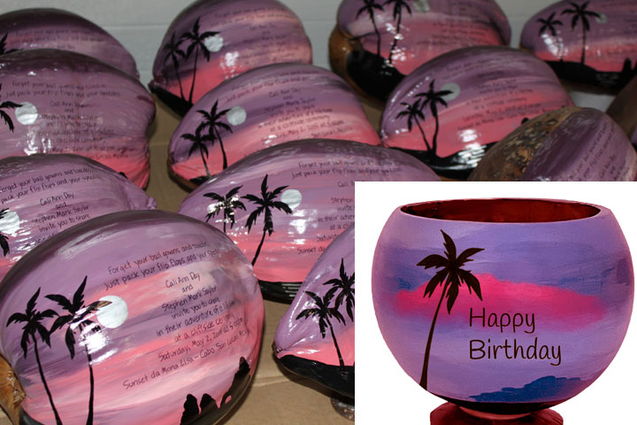 Painted personalized coconut gifts and invitations